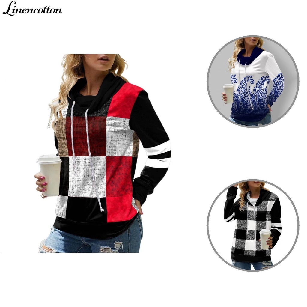Áo hoodie họa tiết chắp vá có mũ vải lanh cotton đơn giản phù hợp cho mặc hàng ngày vào mùa thu