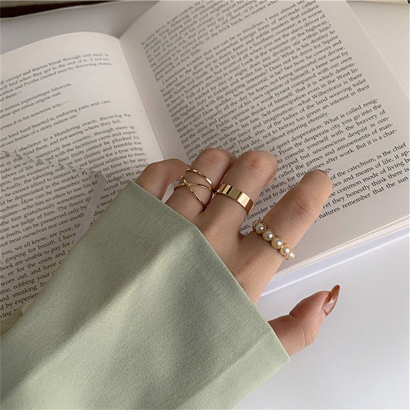 INS 4pcs simple women pearl rings set gold color geometric minimalist ring metal knuckle finger rings jewelry