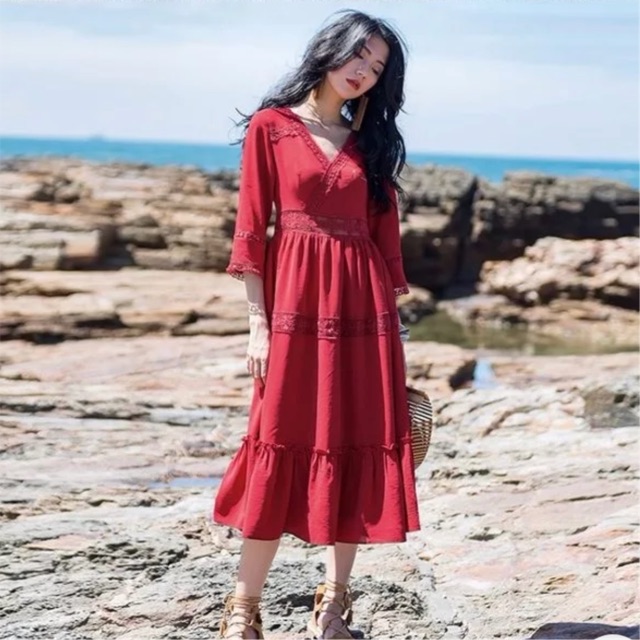 Váy boho đỏ dáng dài Váy maxi dài đỏ
