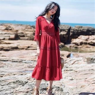 (Hàng sẵn) Váy boho đỏ dáng dài Váy maxi dài đỏ