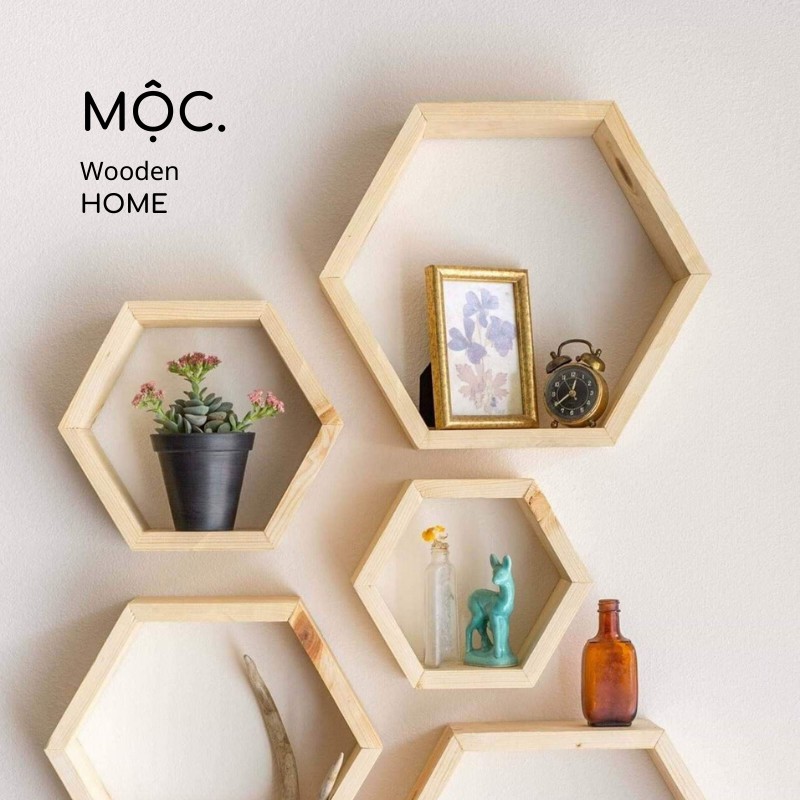 [Size L]  Kệ Trang Trí Tường Lục Giác/ Kệ Tổ Ong 6 Cạnh Nhiều Kích Cỡ/ Hexagon Shelf  - Mộc. Home mơ