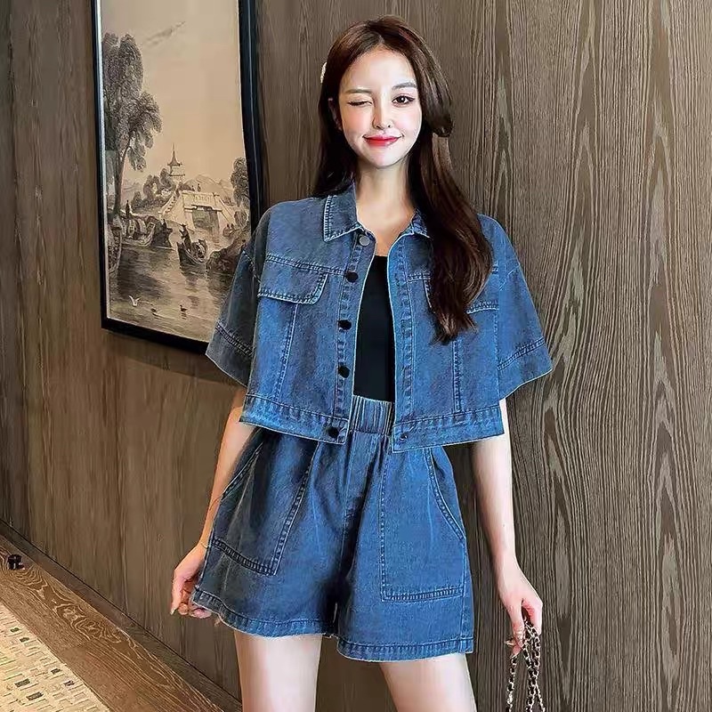 Set Sơ Mi Bò Denim Tay Cộc Mix Quần Short Jean (Hàng Quảng Châu Loại 1) Hình Thật Cận Chất