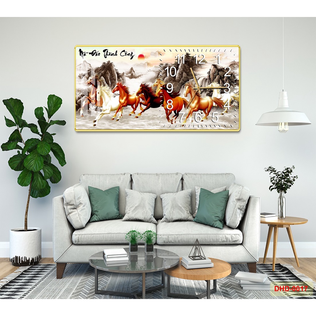 Tranh Đồng Hồ Tráng Gương Chữ Nhật Ngang Treo Tường Decor Phòng Khách Phòng Ngủ Máy Kim Trôi Chắc Chắn MS DHD0017