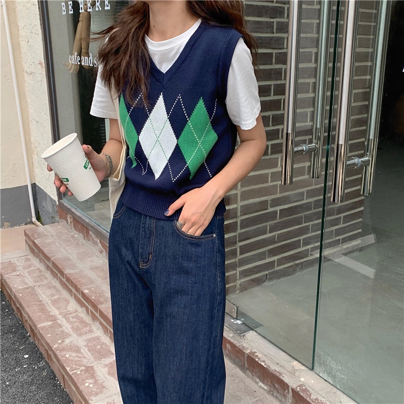 Áo vest cổ chữ V không tay in họa tiết thời trang retro Hàn Quốc cho nữ