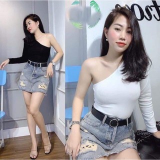 Áo thun gân lệch vai