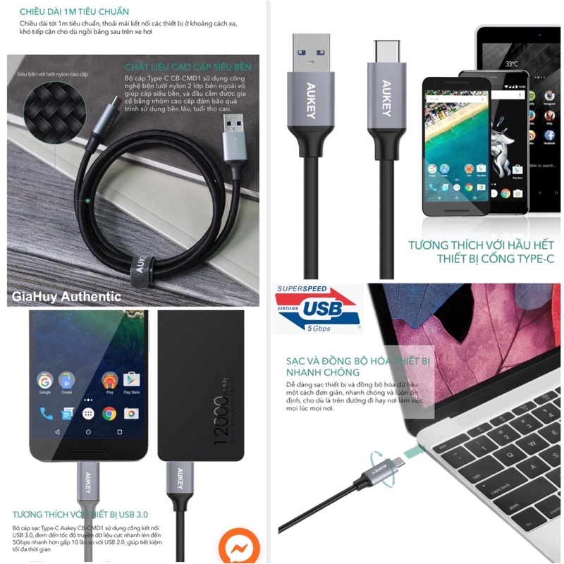 Cáp sạc nhanh AUKEY CB-CMD2 USB-A to USB-C QC 3.0 18W chuẩn USB 3.0 5Gbps