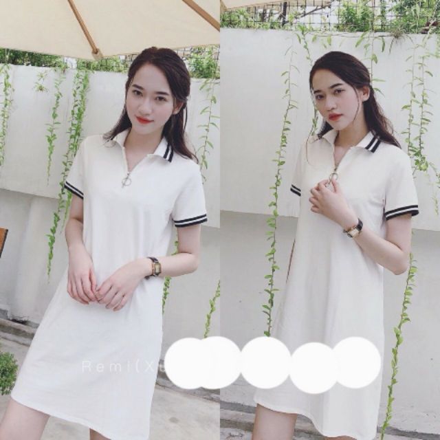 Đầm suông thun cổ dây kéo phối bo viền sọc