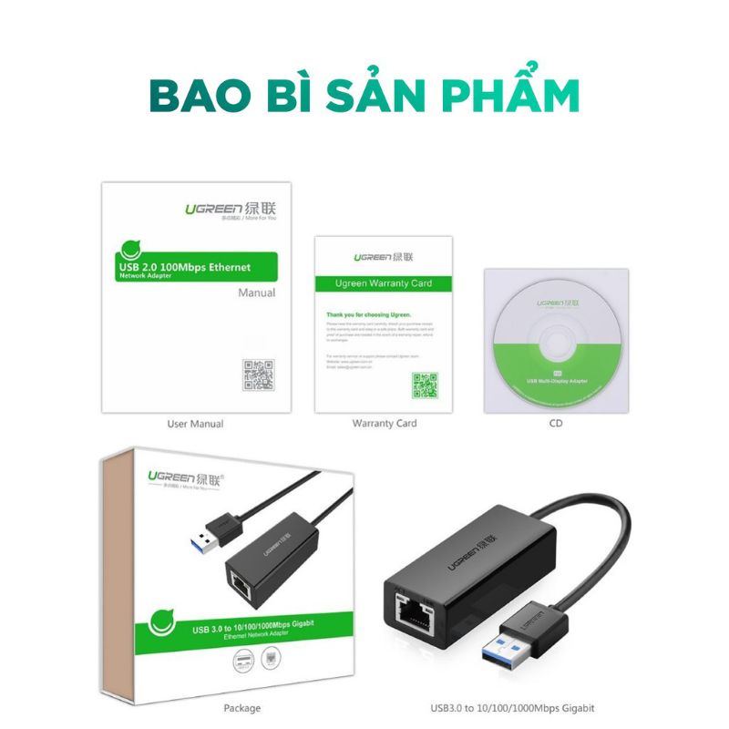 Bộ chuyển đổi USB 2.0 sang LAN Gigabit 10/100/1000 Mbps Ugreen 20255/20256 CR111 - Hàng Chính Hãng