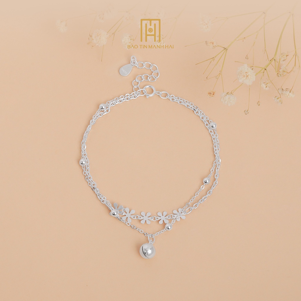 Lắc Tay Bạc Nữ Dây Kép Hình Hoa 5 Cánh, Gắn Chuông Nhỏ Xinh Xắn LB14 Bảo Tín Mạnh Hải