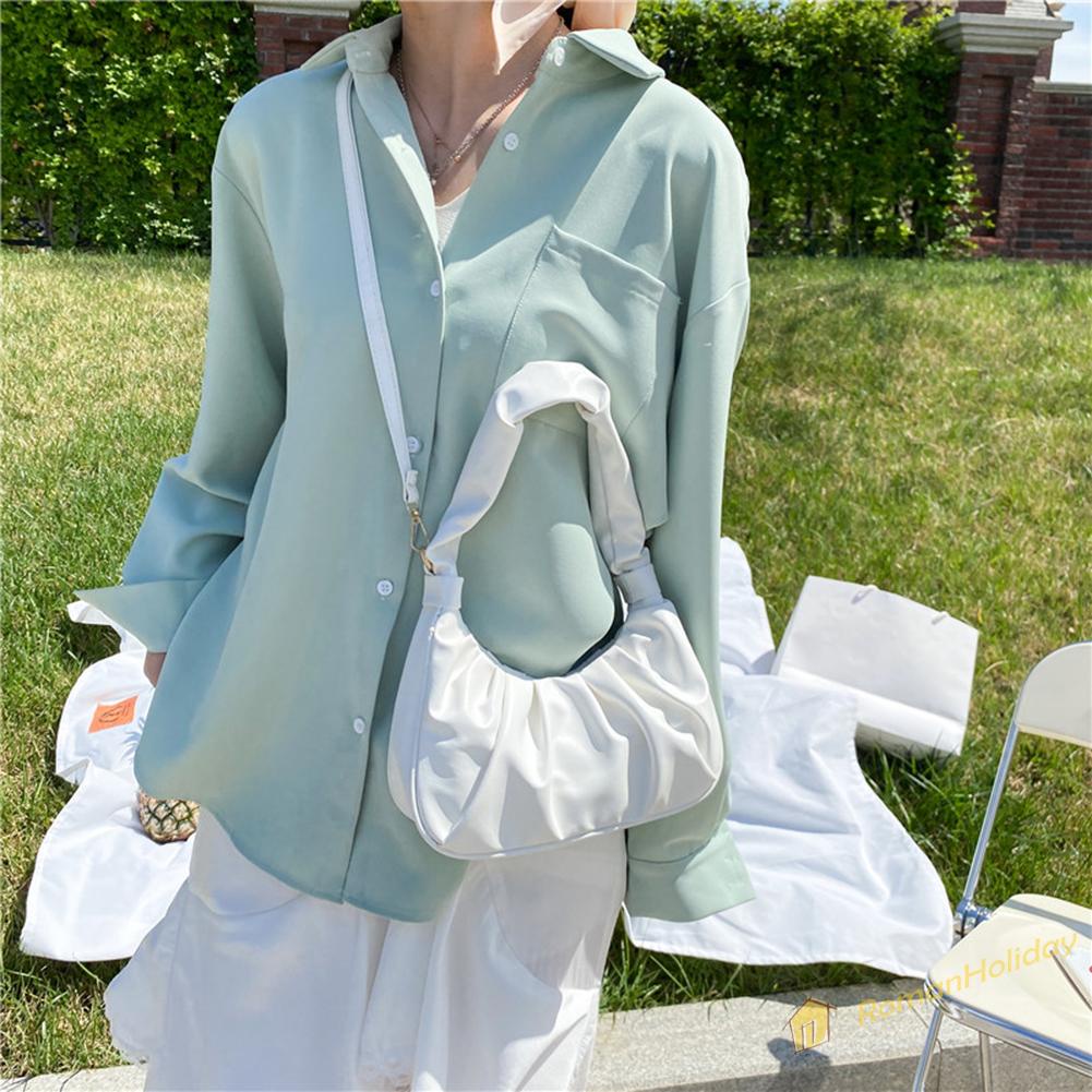 【On Sale】Fashion Women Pure Color Canvas Shoulder Underarm Bag Pleated Hobos Handbag