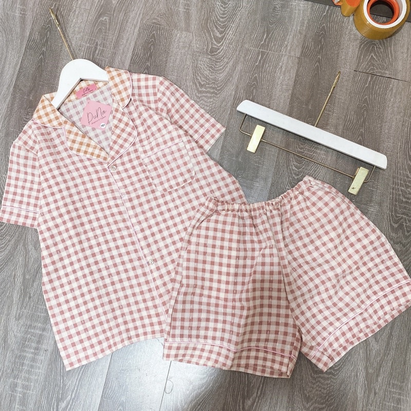 PIJAMA ĐŨI NỮ  - Bộ Cộc Quần Đùi Chất Mềm Thoáng Mát Hoạ tiết kẻ Ô, Đồ Mặc Nhà Nữ