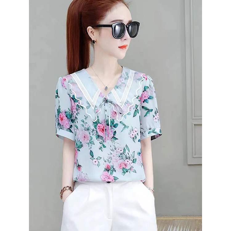 Áo Sơ Mi Chiffon Tay Ngắn Cổ Búp Bê In Họa Tiết Hoa Thời Trang Mùa Hè Kiểu Mới Cho