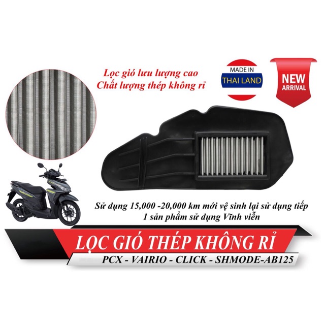 Lọc gió thép độ cho xe tay ga Honda trên 125cc airblade Vario Click pcx sh mode vệ Sinh được xài vĩnh viễn