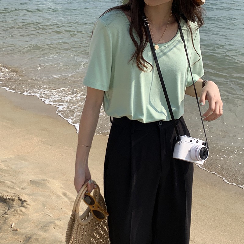 Áo thun trơn Ngắn tay nữ Áo phông nữ Cổ tròn Tay ngắn Cotton Basic Form rộng Ulzzang Hàn Quốc Thời trang | BigBuy360 - bigbuy360.vn