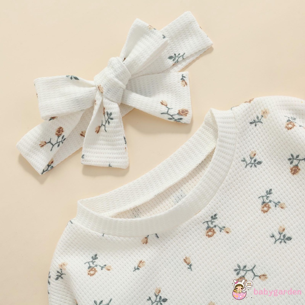 Áo liền quần tay dài cổ tròn in hoa và băng đô cài tóc thời trang mùa xuân cho bé gái