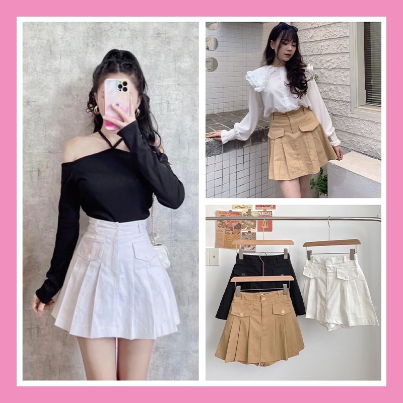 Chân váy xếp ly nữ lưng cao túi sườn chun sau có BIGSIZE chất kaki dày dặn tôn dáng cực xinh CV30