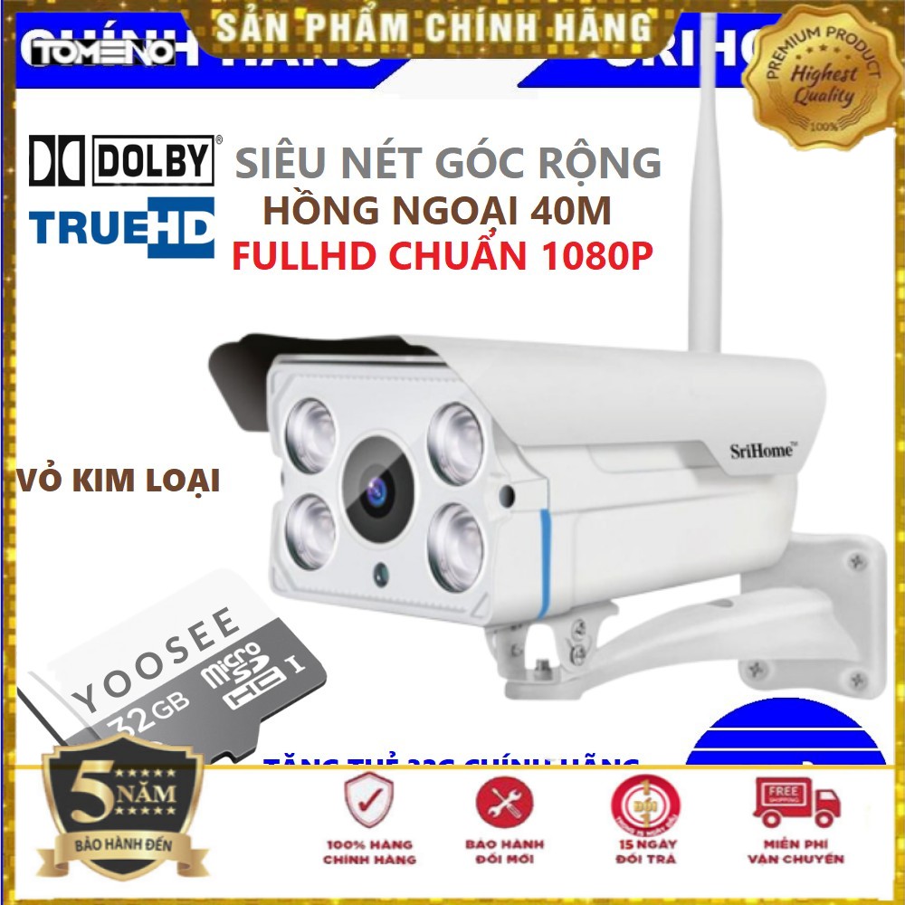 Camera Srihome SH027 2.0MP Ngoài Trời - Zoom X5 Digital - Vỏ Thép - Hồng Ngoại 40m kèm thẻ 128GB