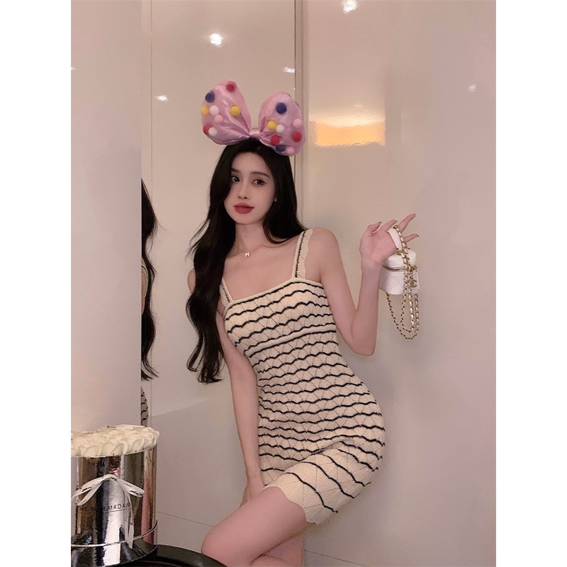 Porozi  Đầm dệt kim cổ vuông dáng ôm/Áo dệt kim  họa tiết sọc phong cách Hàn Quốc thời trang quyến rũ cho nữ