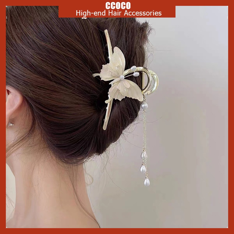 Kẹp Tóc Con Bướm Hình Cá Mập Phong Cách Hàn Quốc Cho Nữ Ngọc Trai Chùm Râu Của Bắp