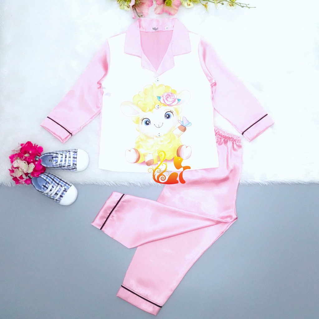 Đồ Bộ Pijama Phi Lụa "Hình Cừu vàng" Tay Dài Cho Bé - Từ 12kg - 42kg.