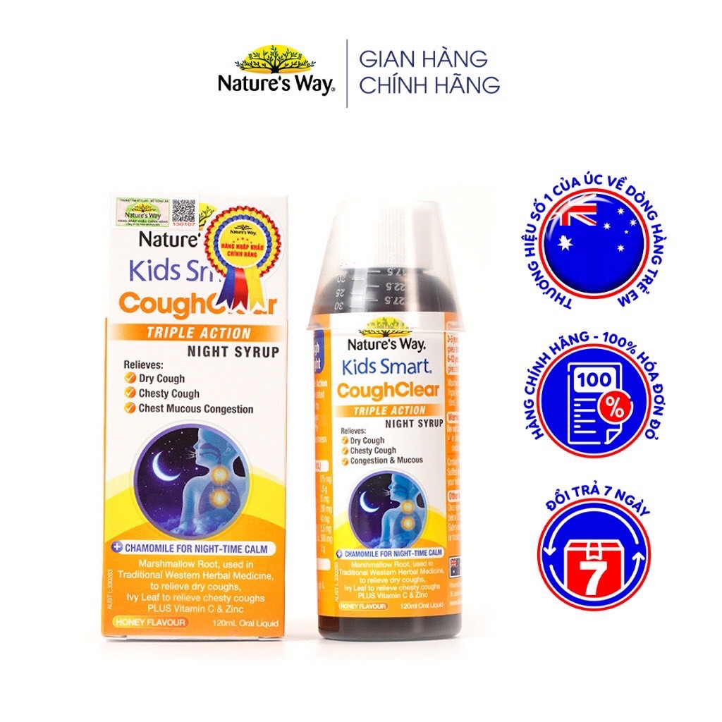 Siro Uống Giảm Ho, Long Đờm, ngủ ngon Tăng Cường Sức Khoẻ Hệ Hô Hấp Nature’s Way Kids Smart Cough night  chai 120ml