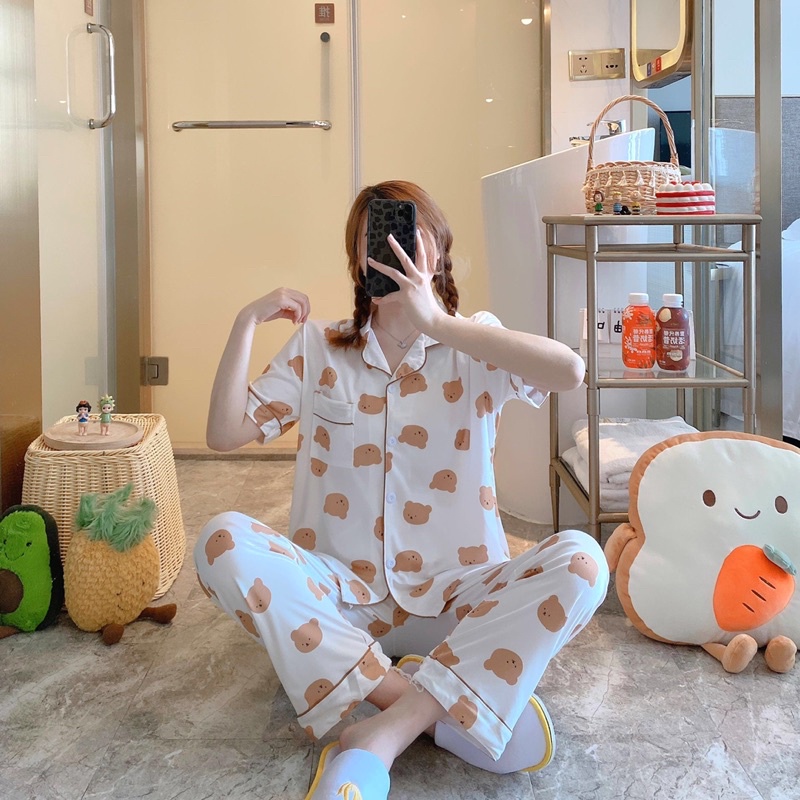 [TẶNG TẤT/VỚ] Đồ Bộ Nữ Pijama Mặc Nhà Cộc Tay Chất Thun Sữa Mịn Siêu Xinh, Bộ Đồ Ngủ Tay Ngắn Quần Dài Phong Cách Uzlang