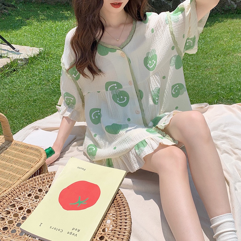 Bộ Đồ Ngủ Chất cotton Mỏng Nhẹ In Họa Tiết Dễ Thương Phong Cách Hàn Quốc Thời Trang Cho Nữ