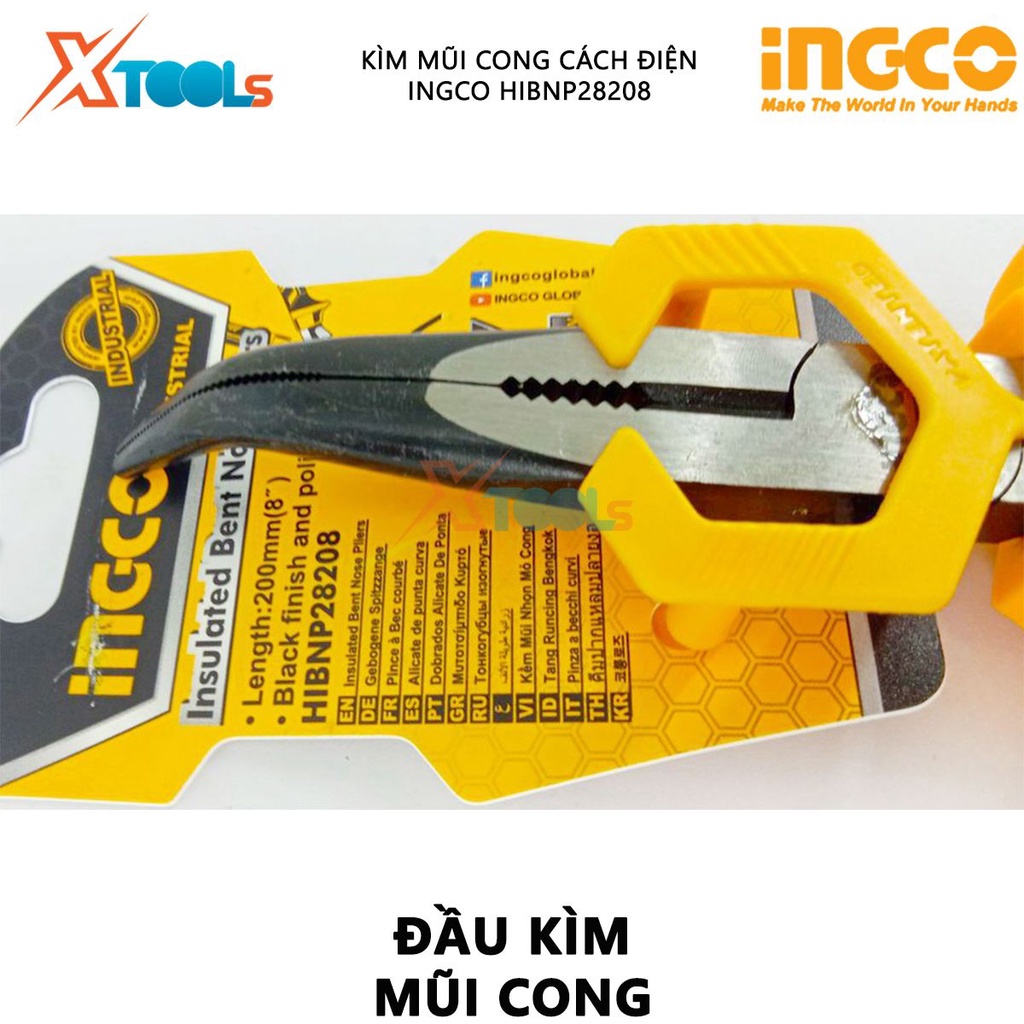 Kềm mũi cong cách điện INGCO HIBNP28208 | Kìm cắt công nghiệp Kích thước 8&quot;/200mm Đầu kềm được đánh bóng và chống gỉ, dù