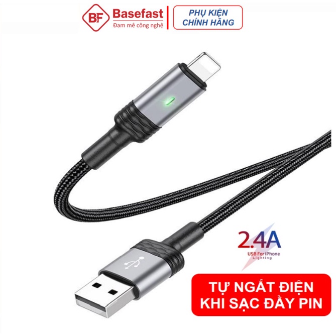 Dây sạc IP tự ngắt khi sạc đầy chính hãng Basefast CSA01 - Cáp Bọc dù báo đèn LED cho IP 11 12 Pro 13 14 Pro Max