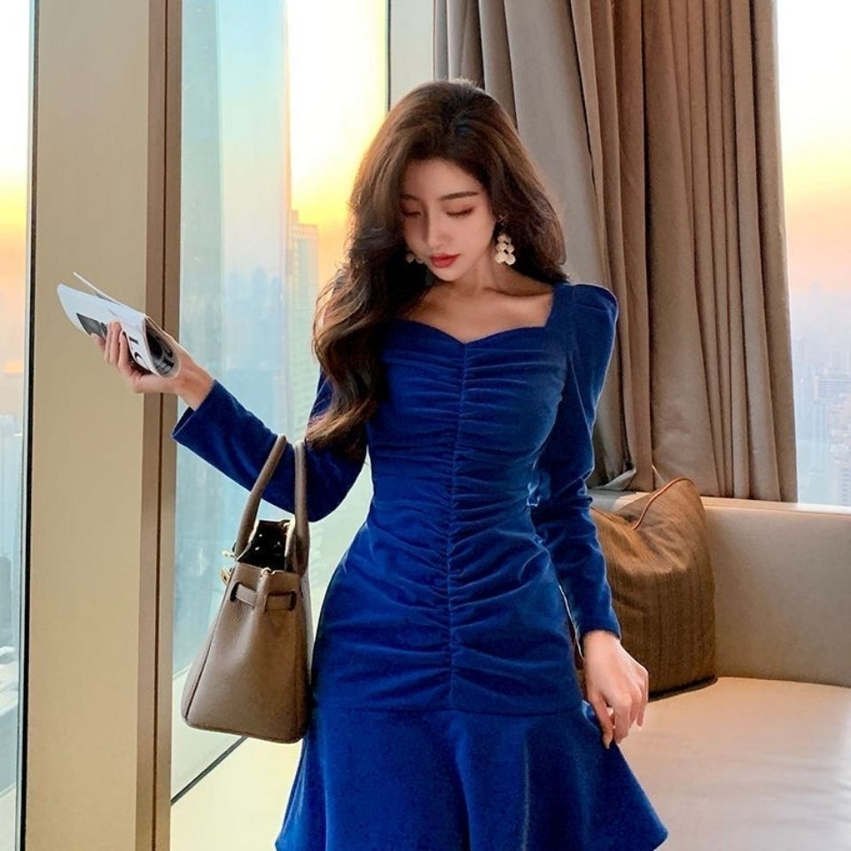 Đầm Nhung Đuôi Cá Cổ Vuông Phong Cách Retro Thời Trang Mùa Đông Mới 2022