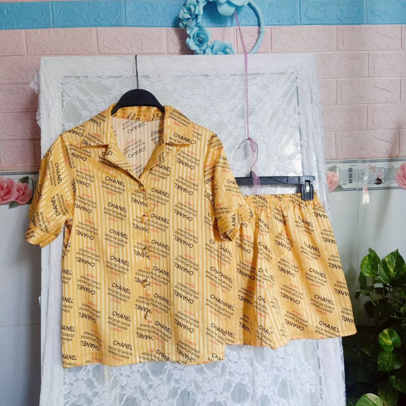 Thanh lí đồ bộ pijama gấm Set 3 món áo tay ngắn + quần đùi+ quần dài