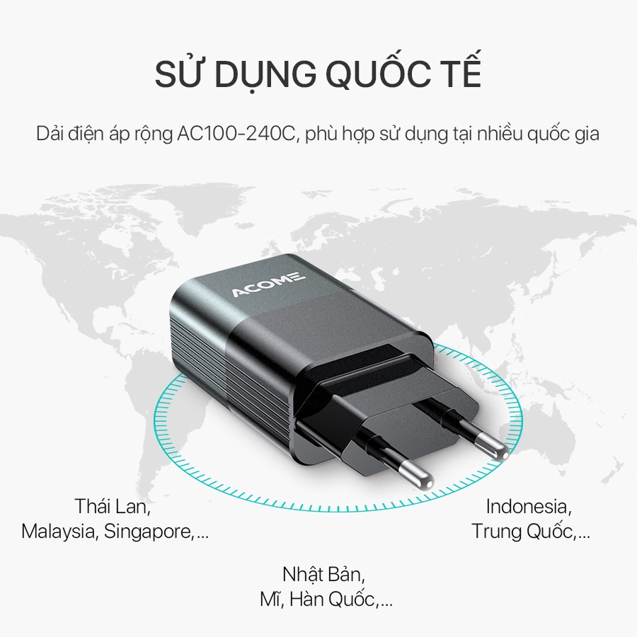 Bộ Sạc Nhanh Dành Cho iPhone iPad ACOME Cốc Sạc Nhanh AC01 18W và Cáp Sạc  AKL010 - Bảo Hành 12 Tháng