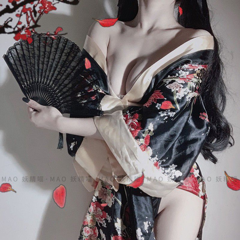 Áo choàng ngủ hóa trang kimono - cosplay sexy phong cách geisa Nhật Bản màu đen