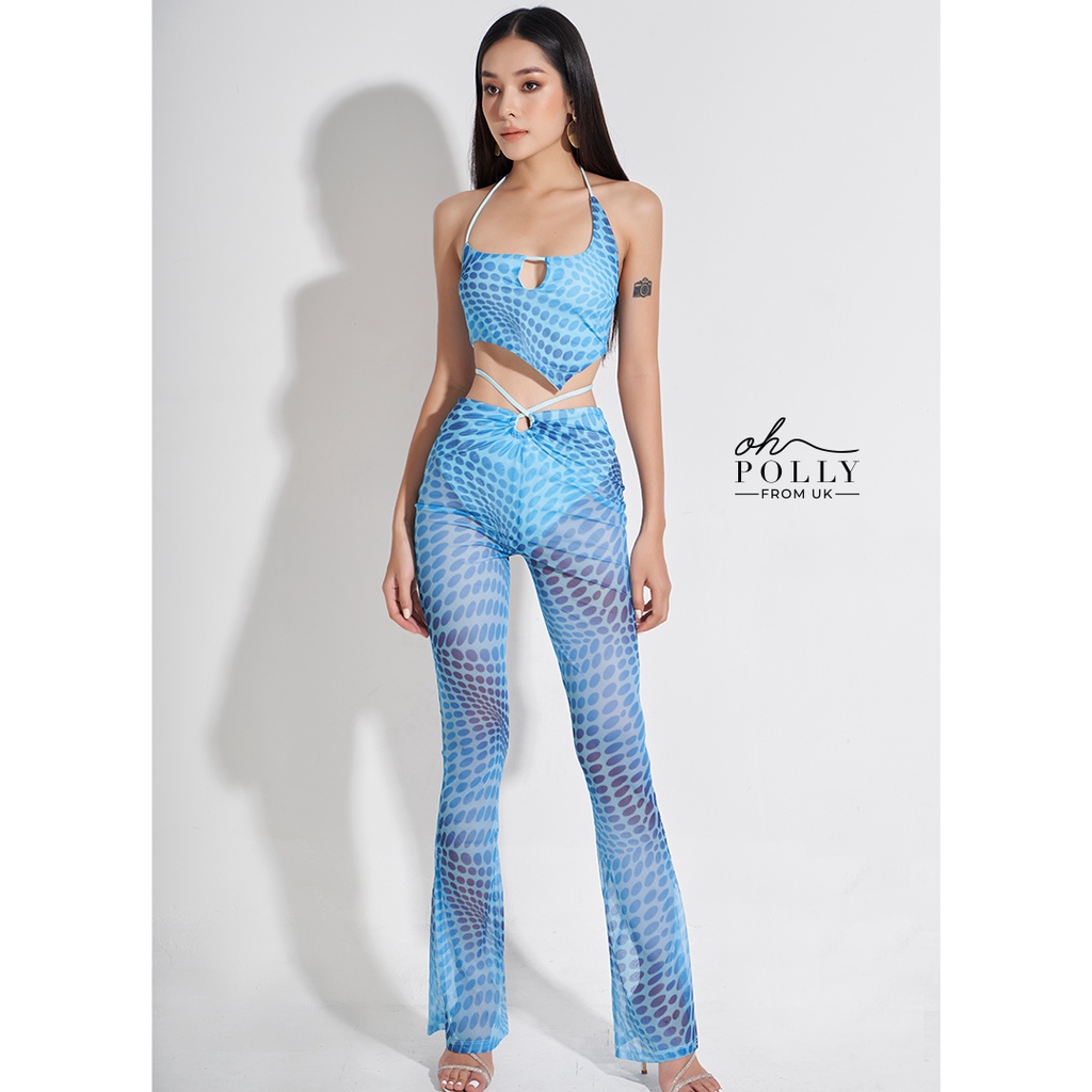 Oh Polly - Set áo croptop cổ yếm vải lưới, áo họa tiết và quần suông ống rộng sexy