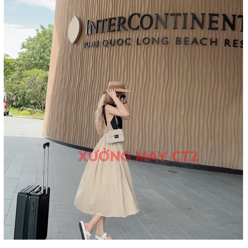 Đầm 2 Dây Thắt Nơ Vai Màu be phối đen, Váy  2 Dây Cột Nơ Vai Bánh Bèo, Maxi Đi Biển Form Chuẩn