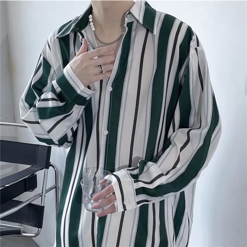 Áo Sơ Mi Dài Tay Dáng Rộng Hoa Văn Kẻ Sọc Phong Cách Retro Hàn Quốc Dành Cho Nam