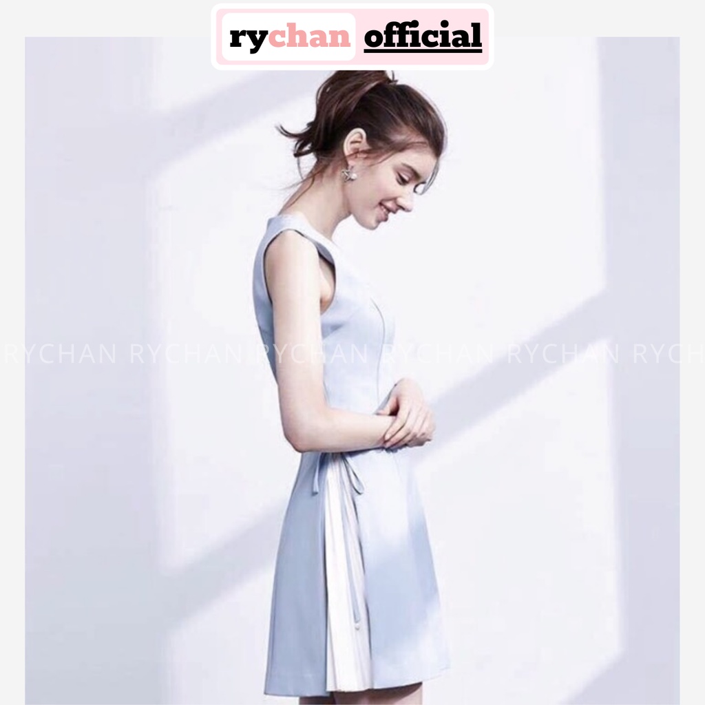 Đầm Nữ Dự Tiệc Màu Xanh Form Ngắn Cổ Tròn Không Tay Thắt Dây Eo Thanh Lịch Sang Trọng [ẢNH THẬT CUỐI] - DX9929