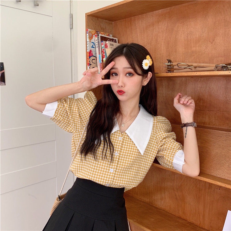 Áo croptop IELGY tay phồng kẻ sọc kiểu retro thời trang cho nữ