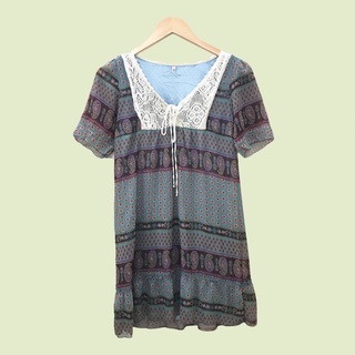 Váy hoa nhí ren màu xanh tím dáng ngắn lỡ vintage