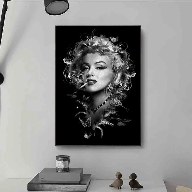Tranh Vải Bạt Treo Tường In Hình Cô Gái Hút Thuốc marilyn monroe Trắng Đen Trang Trí Nhà Cửa