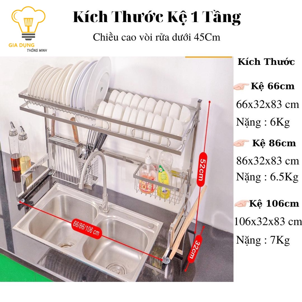 Kệ Chén Bát Thông Minh INOX 304 1 - 2 Tầng, Giá Đựng Bát Đĩa Kèm Các Phụ Kiện Tiện Ích Inox, Siêu Bền Siêu Đẹp MKS003