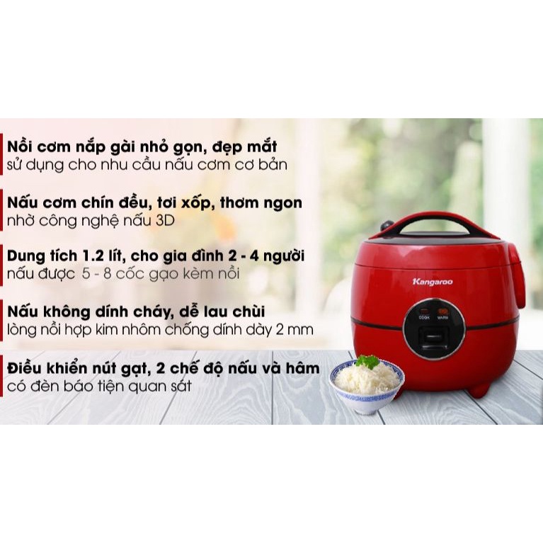 Nồi cơm điện Kangaroo 1.2 lít KG822 đỏ Chính hãng Mới 100%-1.2 lít, Số người ăn 2 - 4 người Công suất 400 W