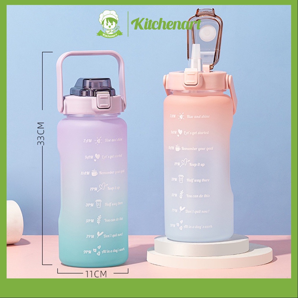 Bình nước 2L có vạch báo giờ uống nước - Bình đựng nước màu gradient bắt mắt có ống hút và sticker trang trí (BN2L) - hà