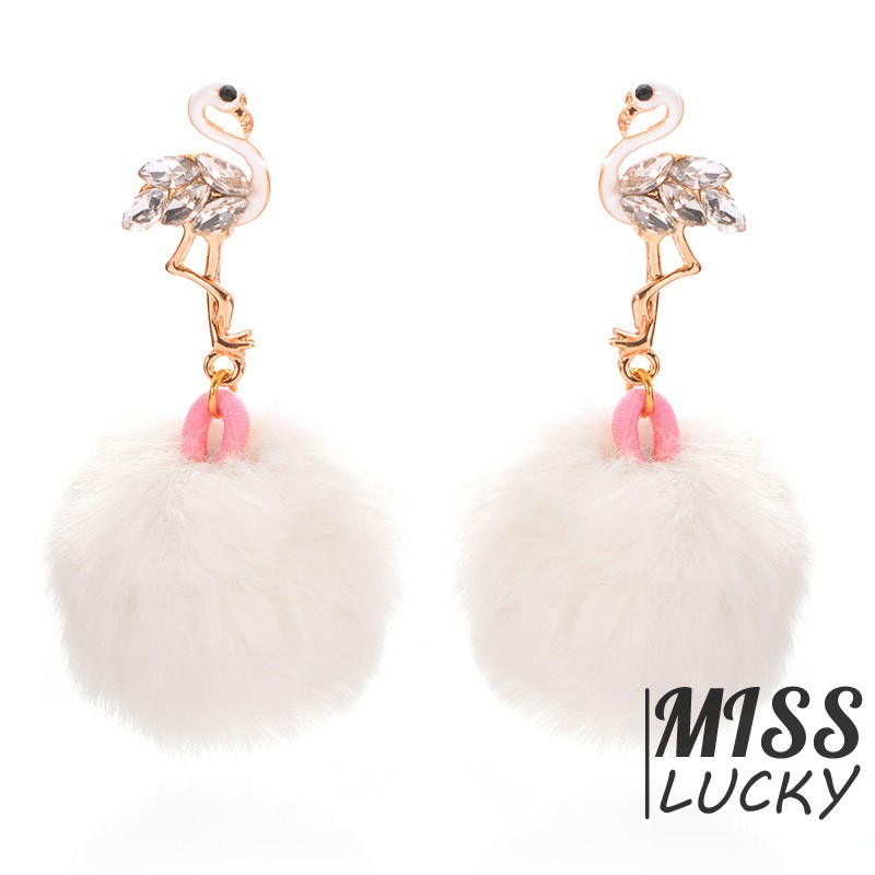 ❤HHN-VN Women Drop Earrings Cute Flamingo Pompon Animal Fake Fur Ball Lady Dangle Earring Jewelry Ac