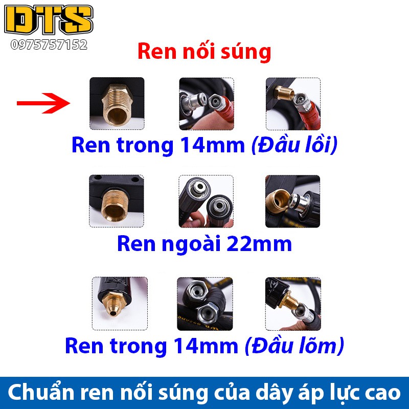 15m Dây rửa xe cao áp cho máy xịt rửa áp lực - Ren trong 14mm_Đầu lồi