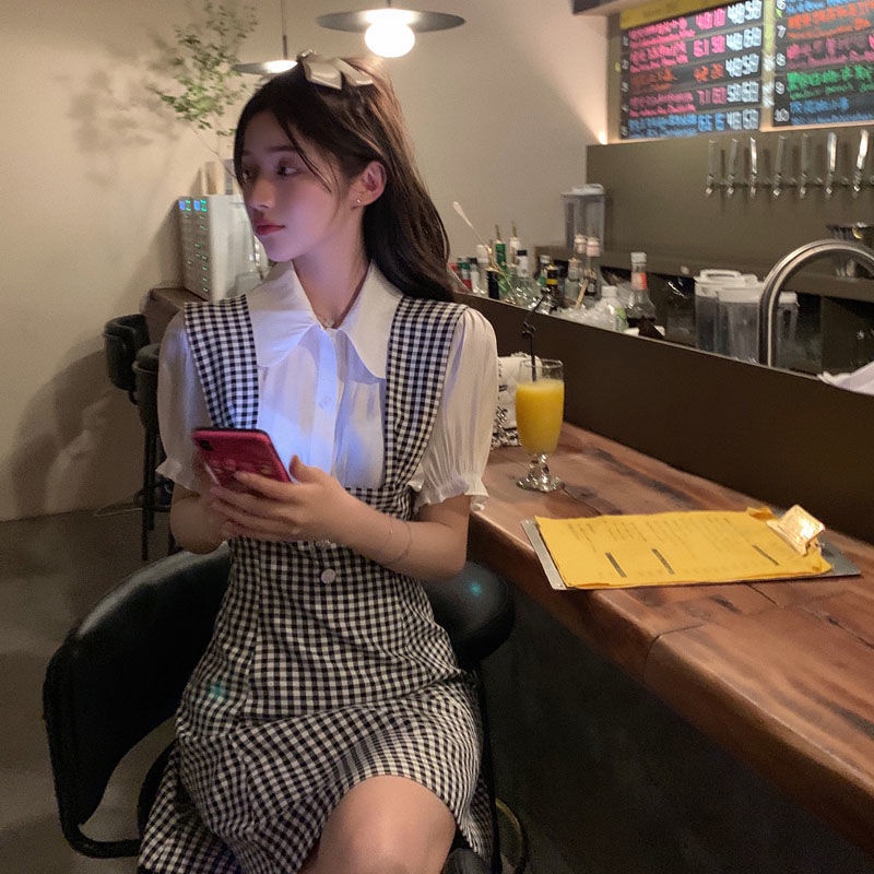 Set Đầm Ngắn Sọc Ca Rô + Áo Sơ Mi Trắng Phong Cách Pháp Thời Trang Mùa Hè Mới Cho Nữ | BigBuy360 - bigbuy360.vn