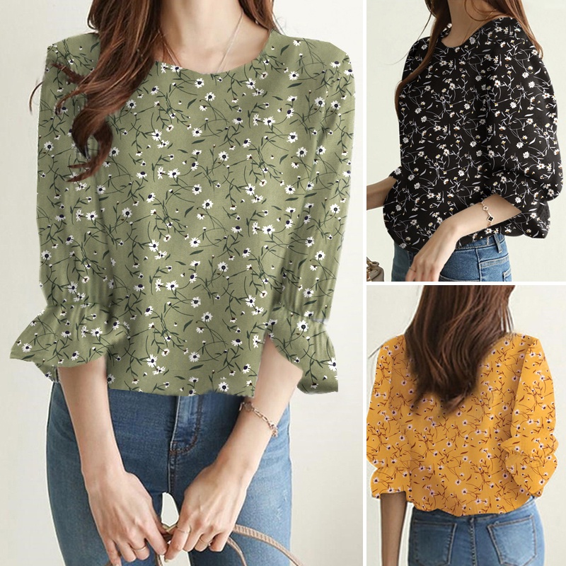 Áo kiểu ZANZEA cổ tròn tay lỡ 3/4 in họa tiết hoa thanh lịch thời trang dành cho nữ