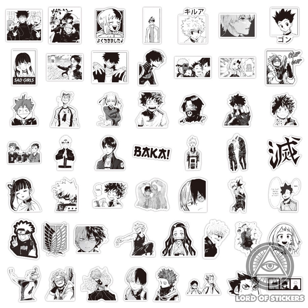 Set 200 Sticker Anime Manga Hình Nhân Vật Truyện Tranh Đen Trắng, Hình Dán Trang Trí Mũ Bảo Hiểm, Laptop, Xe, Vali, Sổ