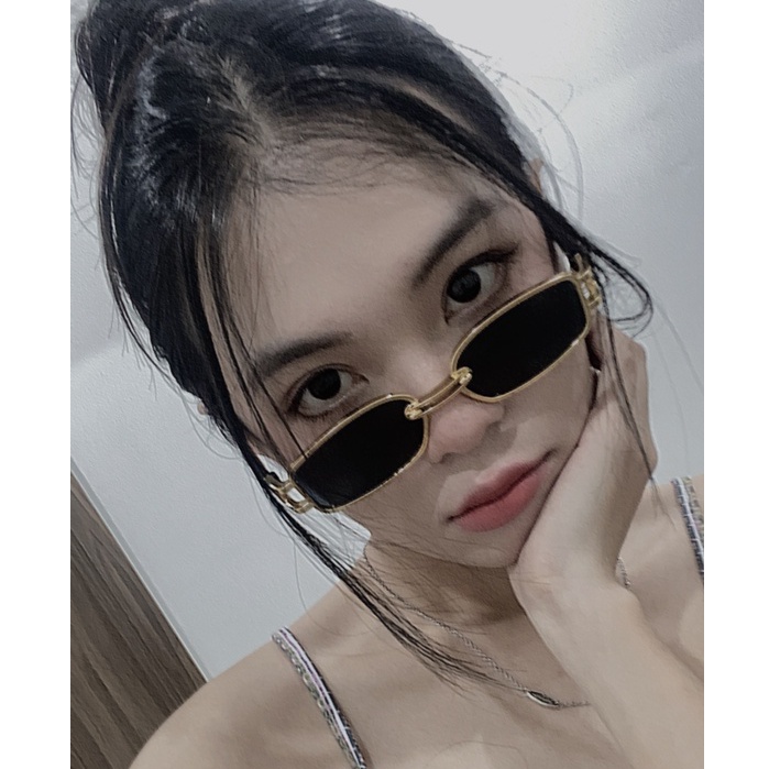 Kính mát hình tròn gọng màu vàng gold tròng màu nâu chống UV 400 vintage ảnh thật