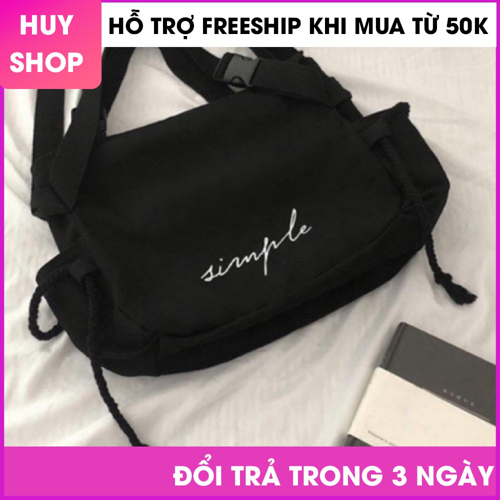 [video sp thật]TÚI XÁCH NỮ VẢI CANVAS THÊU CHỮ SIMPLE ĐEN- TÚI NỮ UNISEX HÀN QUỐC CAO CẤP